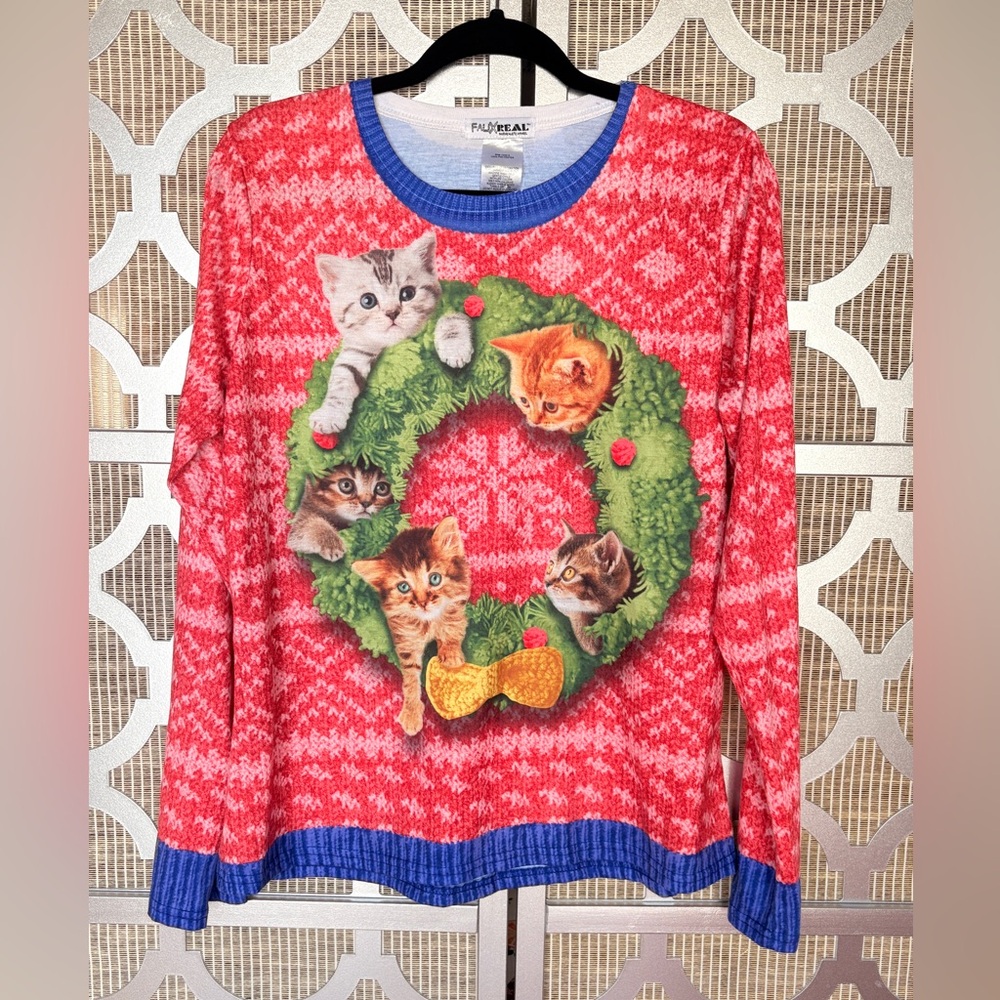 Women’s Christmas Red Cat Print Long Sleeve Top